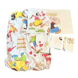 Vintage 1970s Popeye Twin Fitted Bed Sheet 4 Pillow Cases